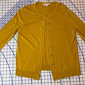 Loft Women’s Cardigan Sweater Size XL Mustard Yellow , Button Up, 100% Cotton